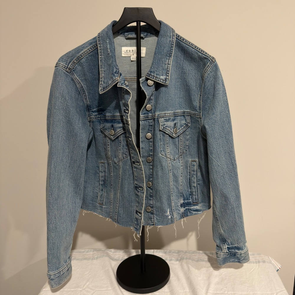 Eunina Jeans Womens Medium Wash Distressed Raw Hem Cropped Denim Jacket Large